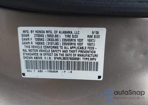 2007 Honda Odyssey Lx из США, поврежденный, VIN 5FNRL38257B008581